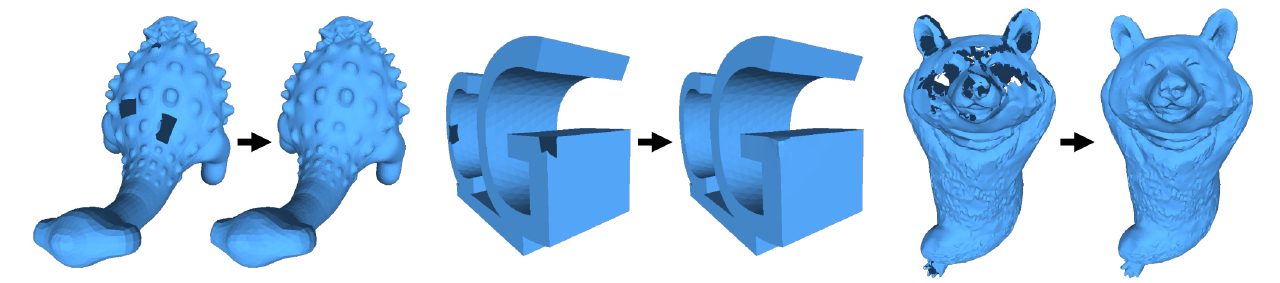 Examples of inpainting incomplete 3D meshes